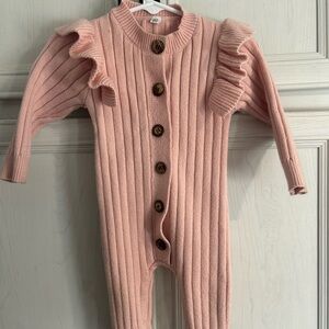 Pink Ribbed Knit Bodysuit with Long Sleeves